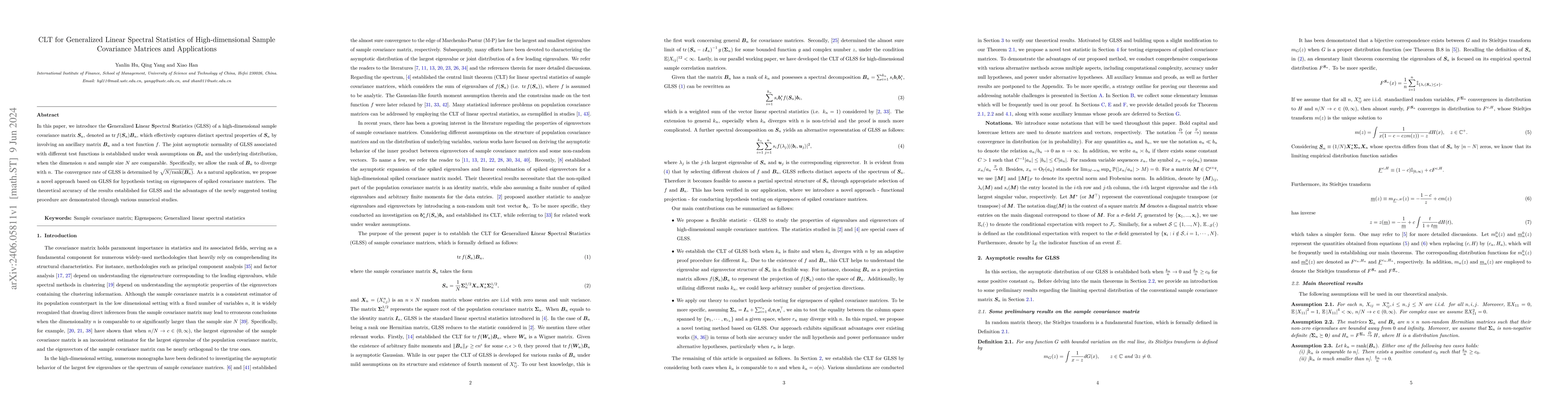 Thumbnail for CLT for Generalized Linear Spectral Statistics of High-dimensional
  Sample Covariance Matrices and Applications