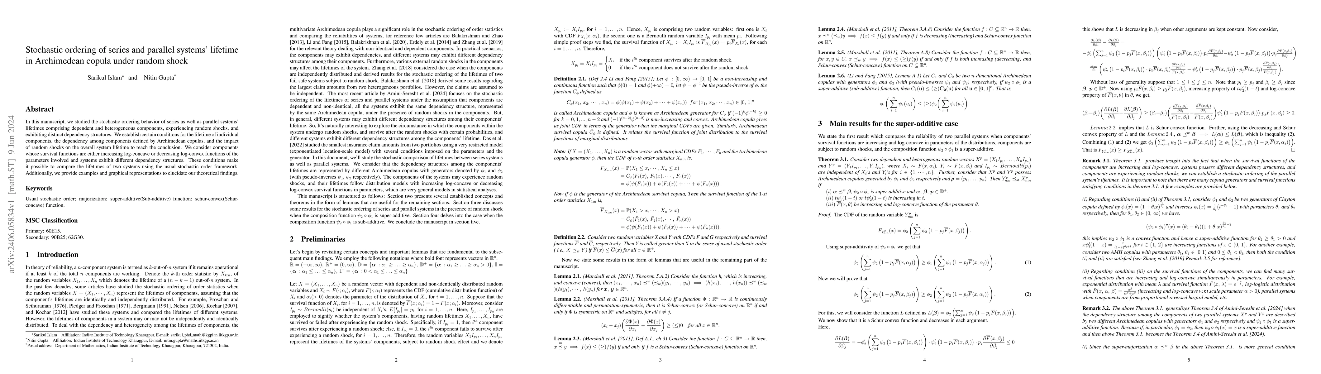 Thumbnail for Stochastic ordering of series and parallel systems lifetime in
  Archimedean copula under random shock