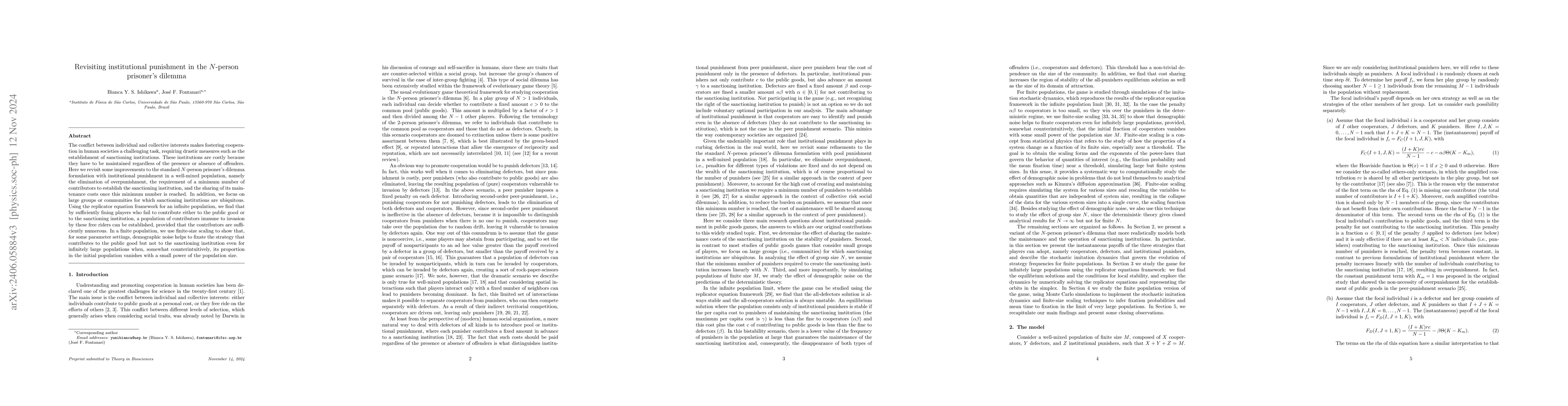 Thumbnail for Revisiting institutional punishment in the $N$-person prisoner's dilemma