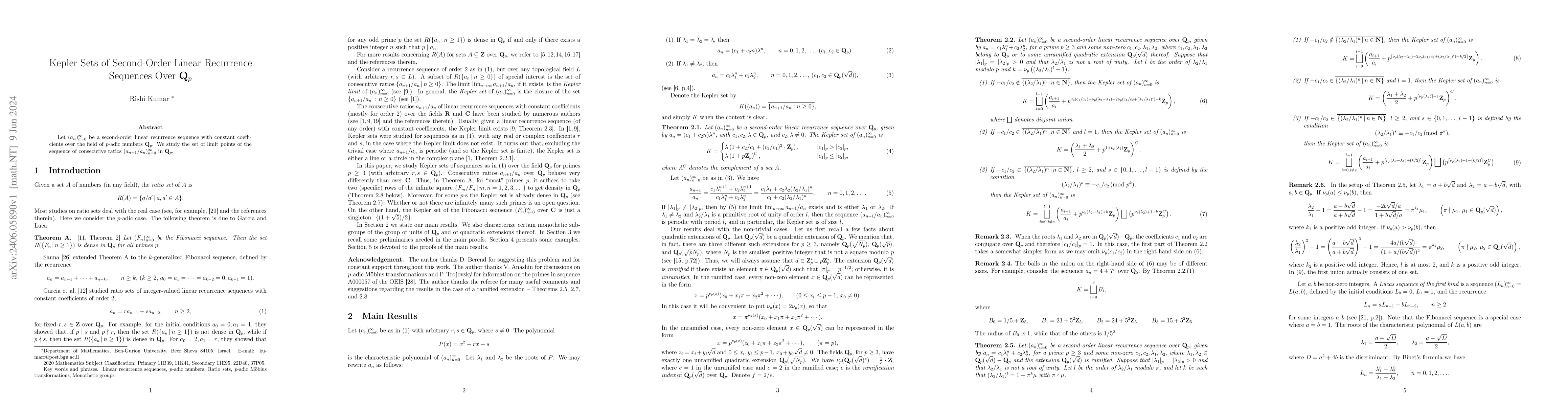 Thumbnail for Kepler Sets of Second-Order Linear Recurrence Sequences Over
  $\mathbb{Q}_p$