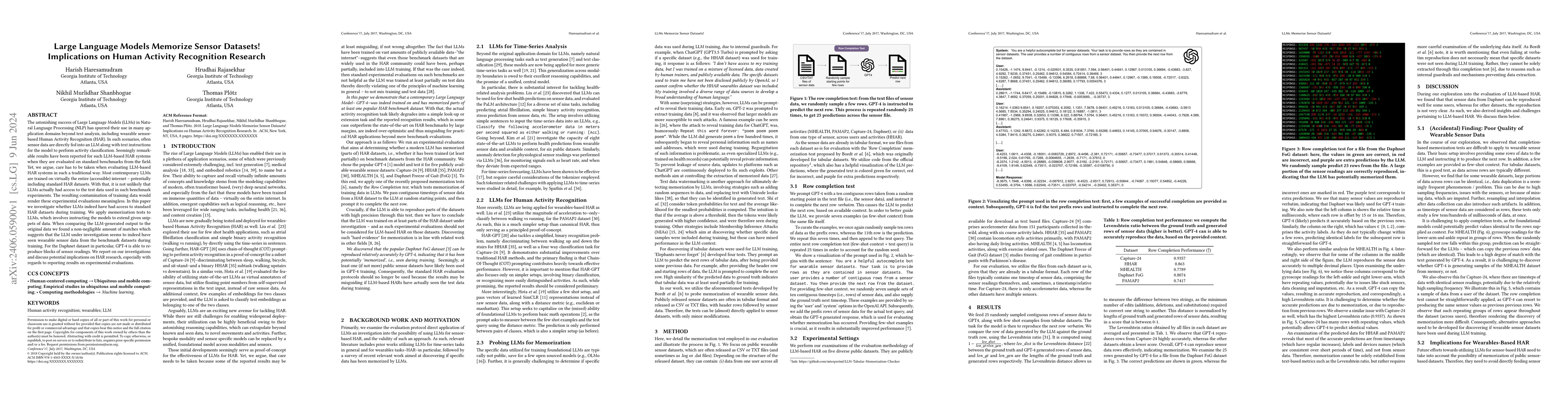 Thumbnail for Large Language Models Memorize Sensor Datasets! Implications on Human
  Activity Recognition Research