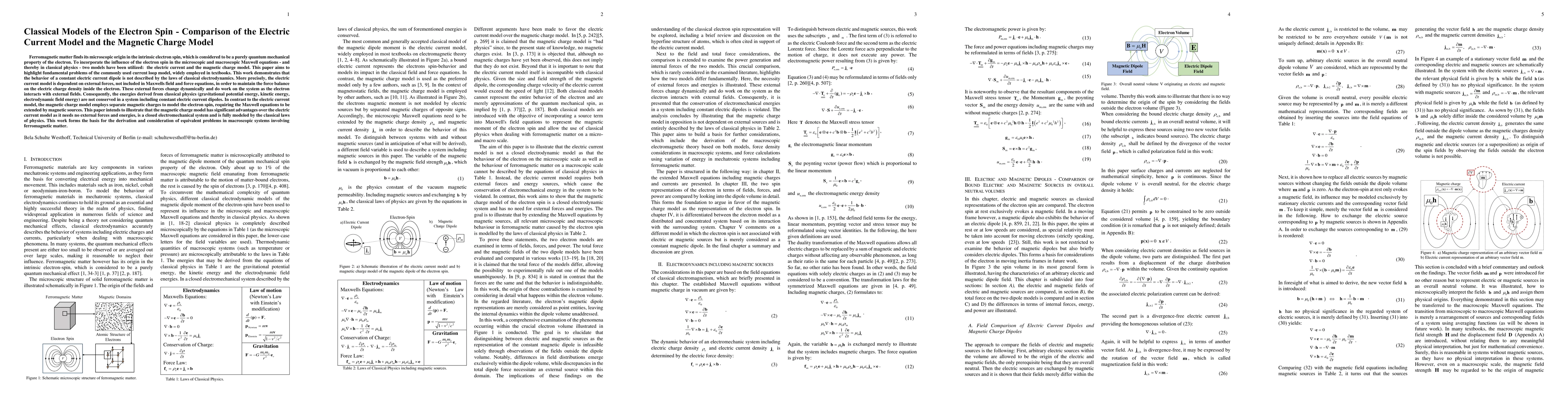 Thumbnail for Classical Models of the Electron Spin -- Comparison of the Electric
  Current Model and the Magnetic Charge Model