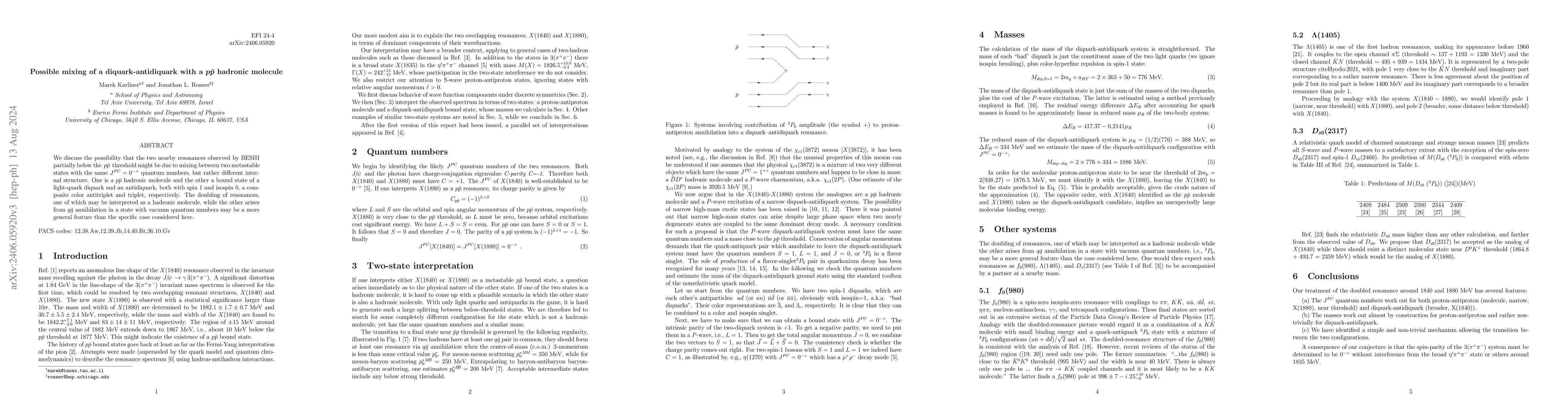 Thumbnail for Possible mixing of a diquark-antidiquark with a $p \bar p$ hadronic
  molecule