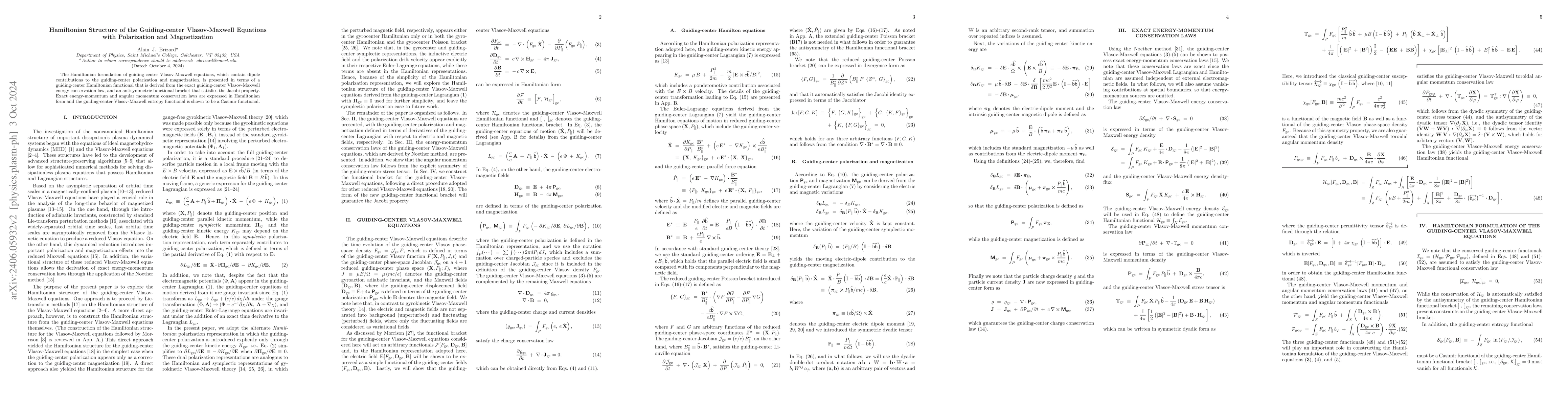Thumbnail for Hamiltonian Structure of the Guiding-center Vlasov-Maxwell Equations
  with Polarization and Magnetization