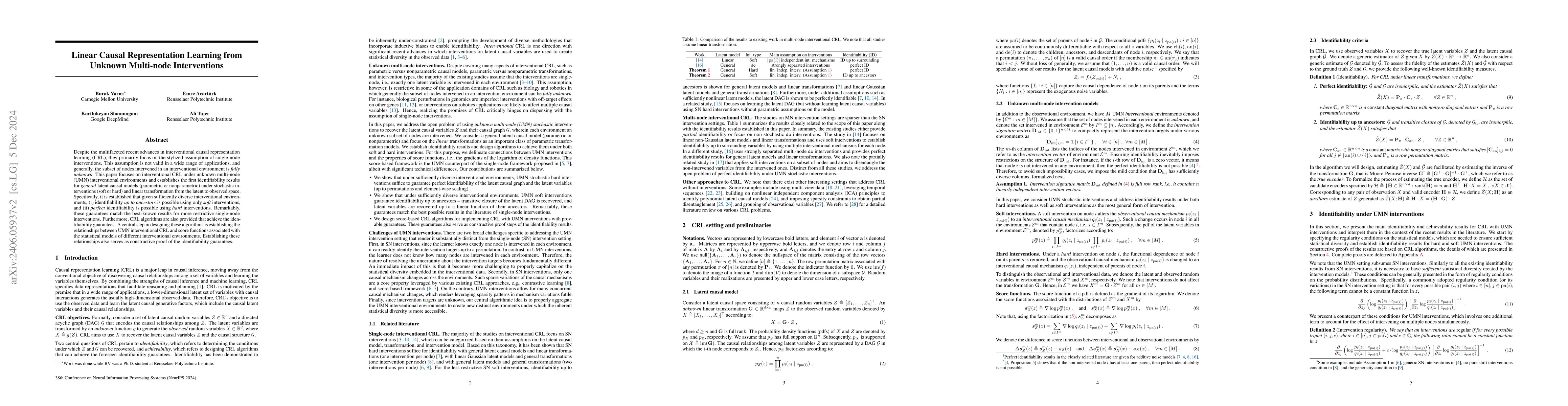 Thumbnail for Linear Causal Representation Learning from Unknown Multi-node
  Interventions