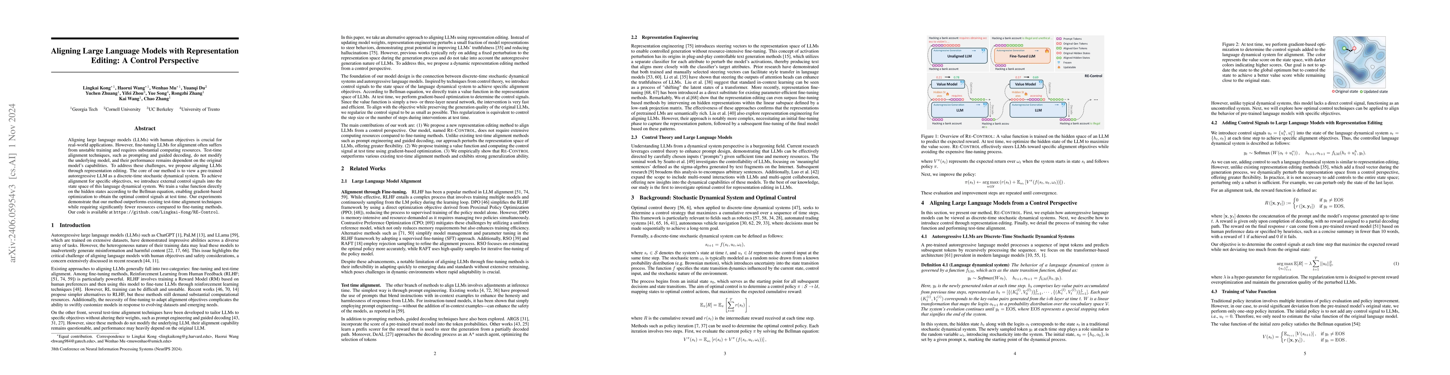 Thumbnail for Aligning Large Language Models with Representation Editing: A Control
  Perspective