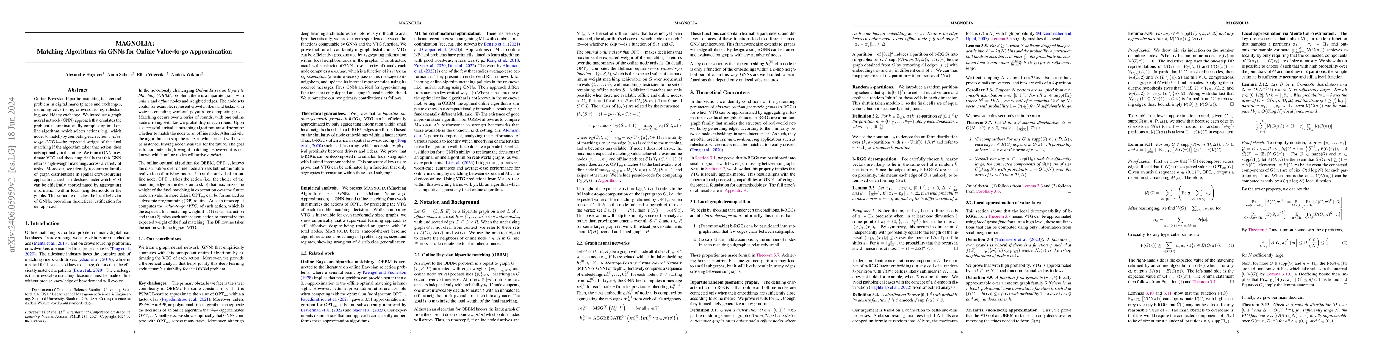 Thumbnail for MAGNOLIA: Matching Algorithms via GNNs for Online Value-to-go
  Approximation