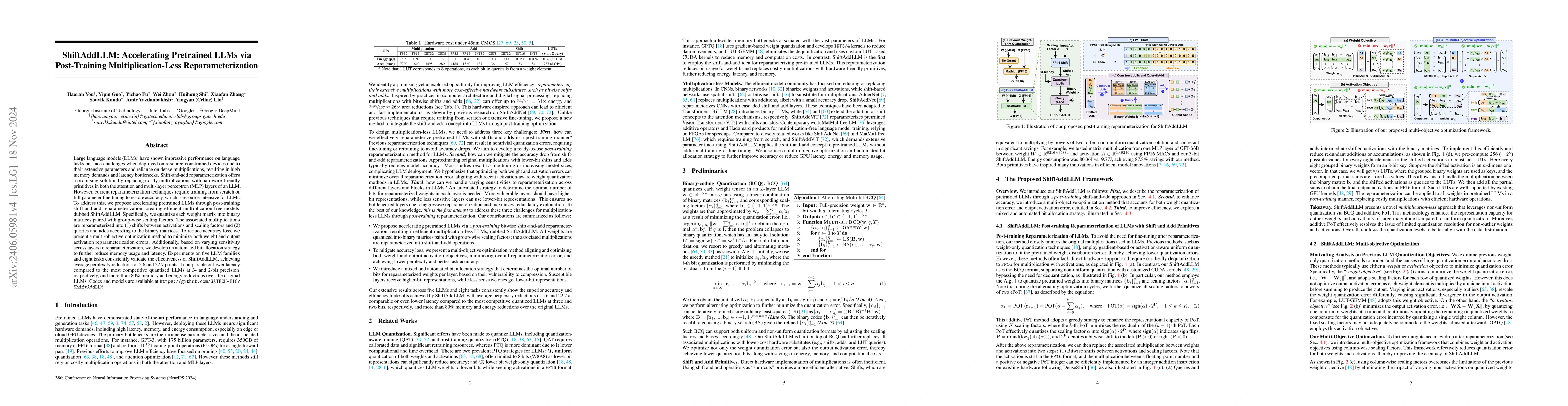 Thumbnail for ShiftAddLLM: Accelerating Pretrained LLMs via Post-Training
  Multiplication-Less Reparameterization