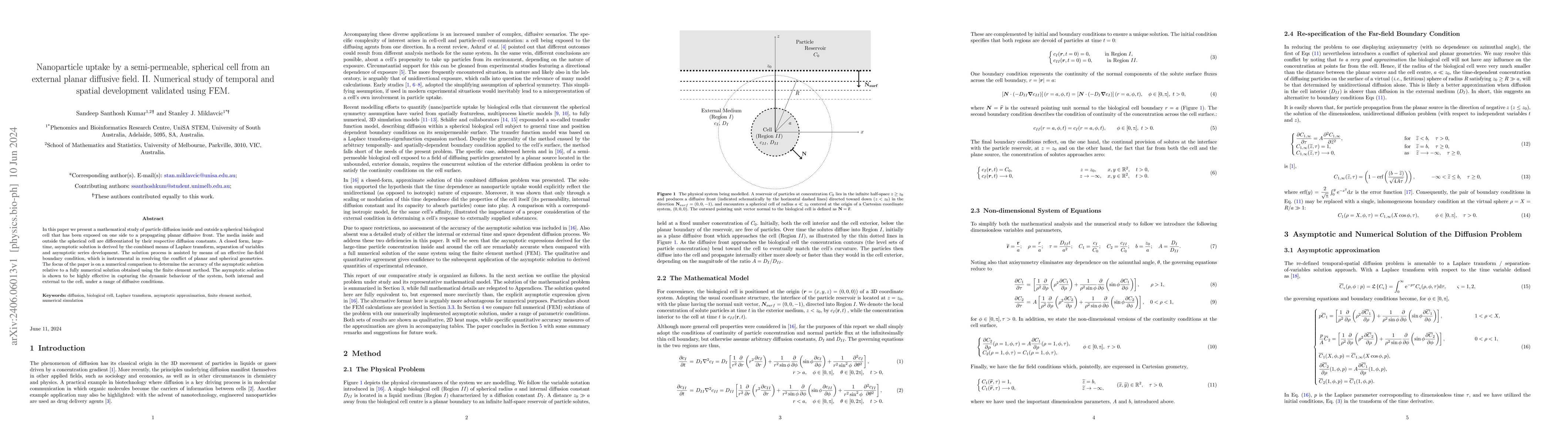Thumbnail for Nanoparticle uptake by a semi-permeable, spherical cell from an external
  planar diffusive field. II. Numerical study of temporal and spatial
  development validated using FEM