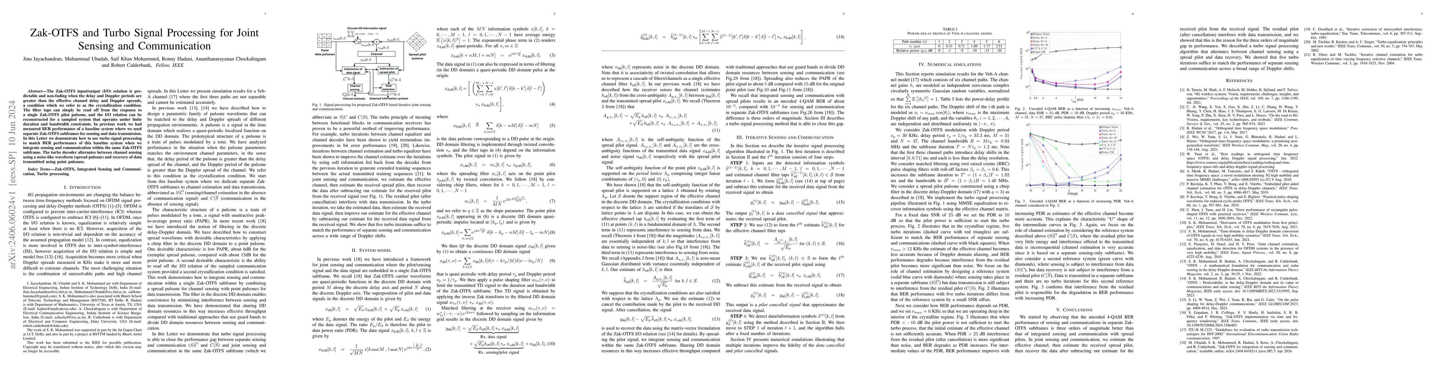 Thumbnail for Zak-OTFS and Turbo Signal Processing for Joint Sensing and Communication