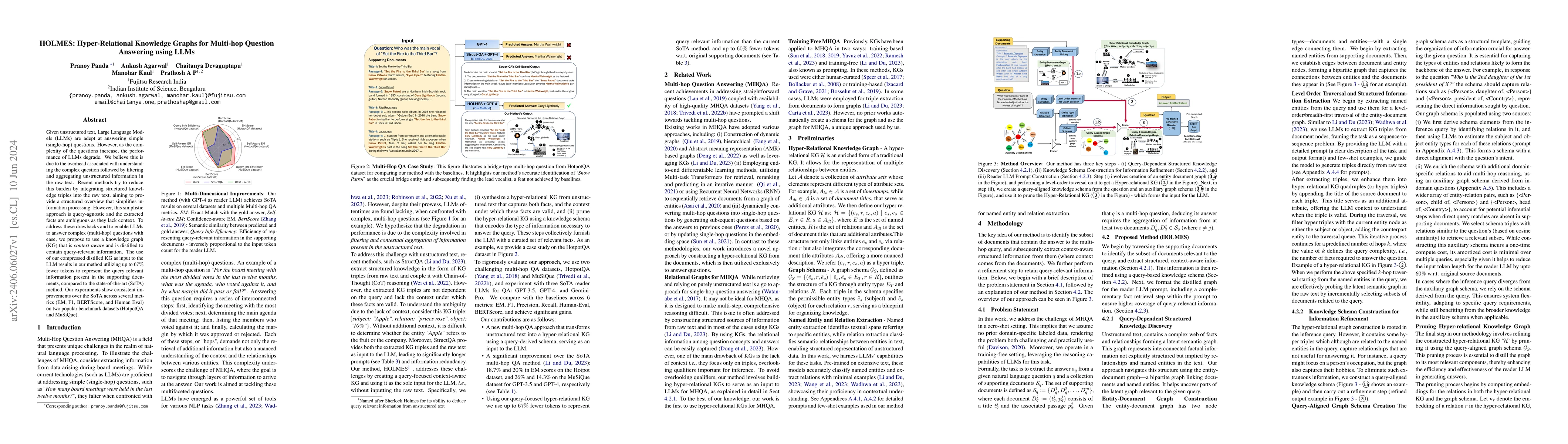 Thumbnail for HOLMES: Hyper-Relational Knowledge Graphs for Multi-hop Question
  Answering using LLMs