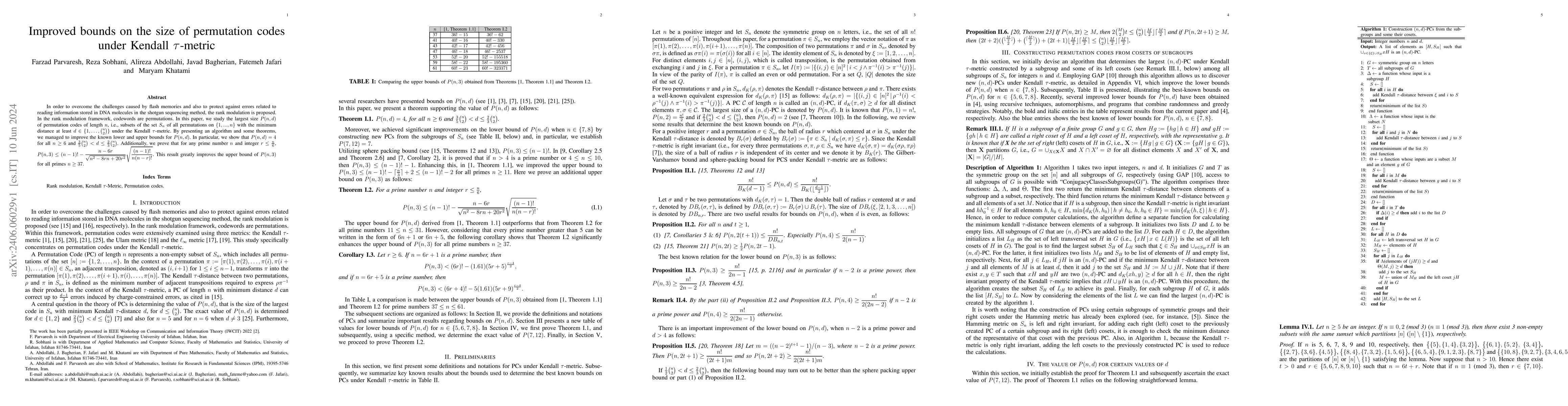 Thumbnail for Improved bounds on the size of permutation codes under Kendall
  $\tau$-metric