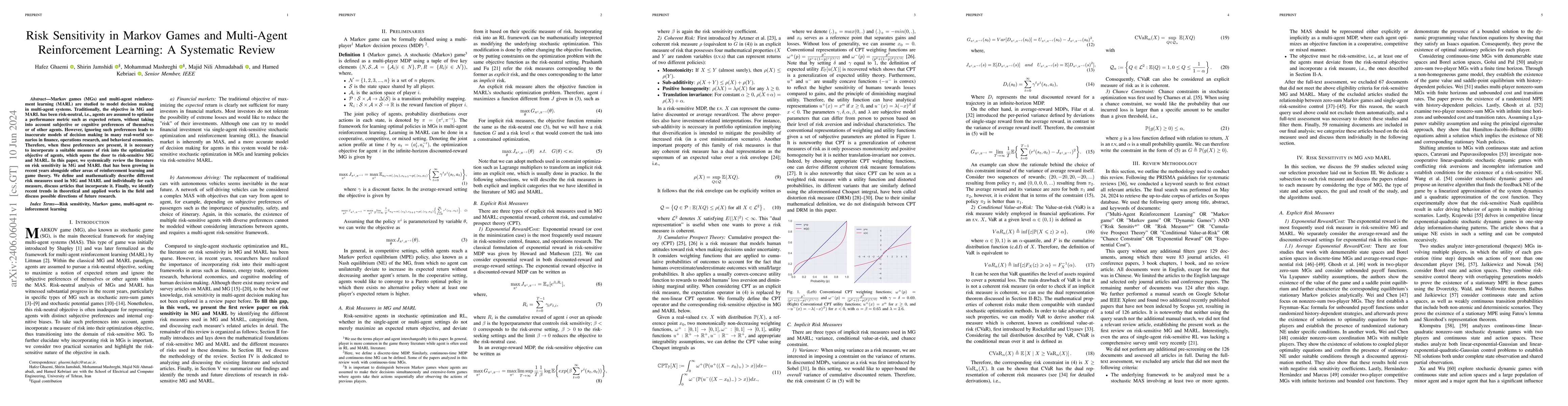 Thumbnail for Risk Sensitivity in Markov Games and Multi-Agent Reinforcement Learning:
  A Systematic Review