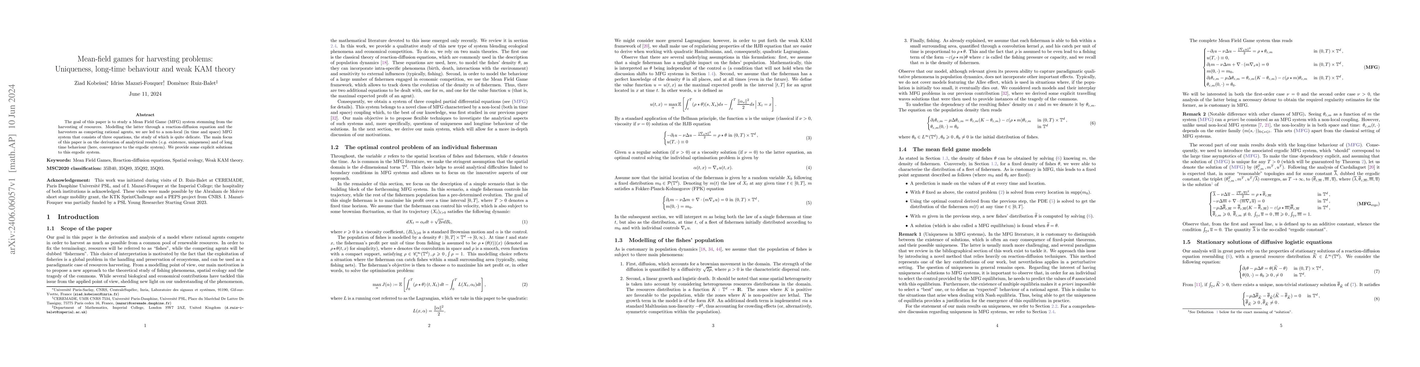 Thumbnail for Mean-field games for harvesting problems: Uniqueness, long-time
  behaviour and weak KAM theory