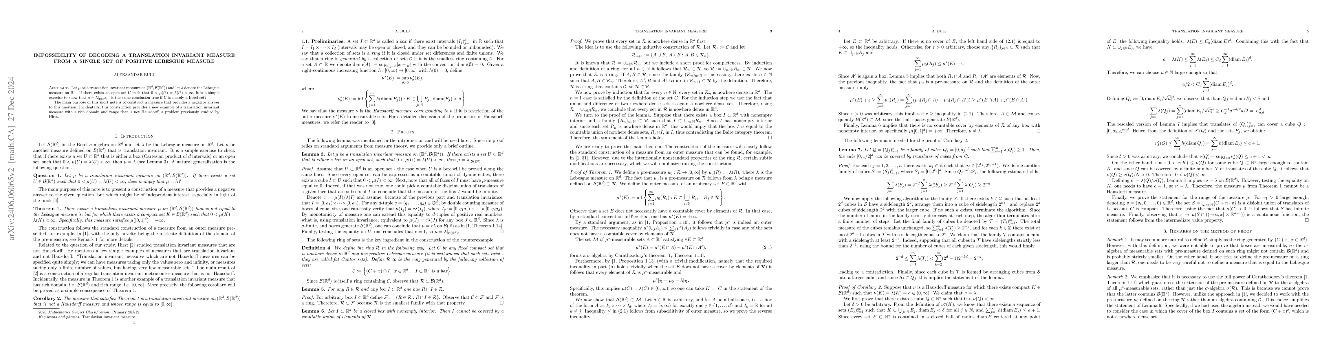 Thumbnail for Impossibility of decoding a translation invariant measure from a single
  set of positive Lebesgue measure