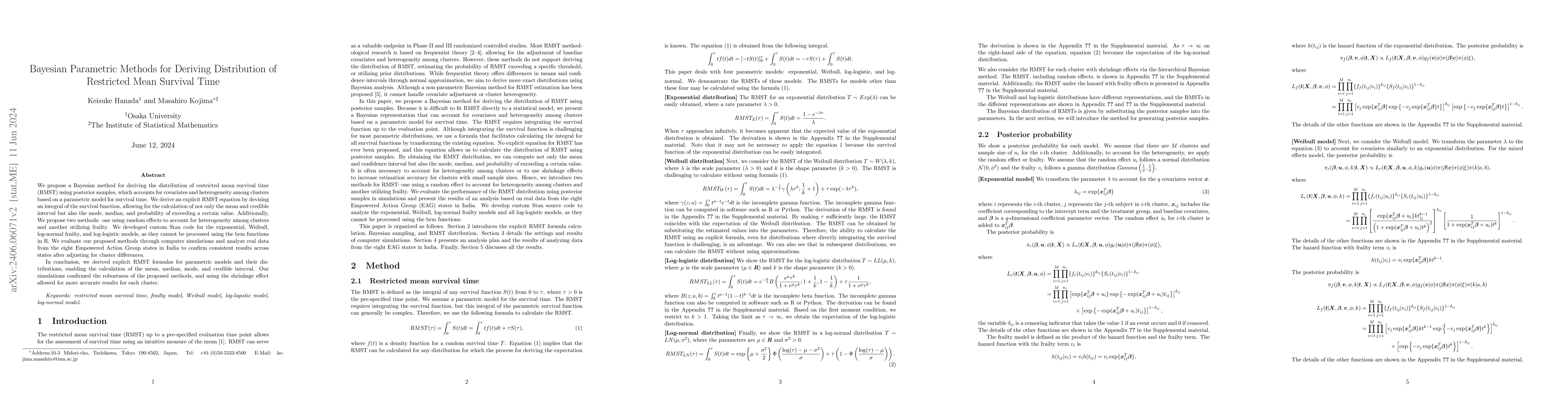 Thumbnail for Bayesian Parametric Methods for Deriving Distribution of Restricted Mean
  Survival Time