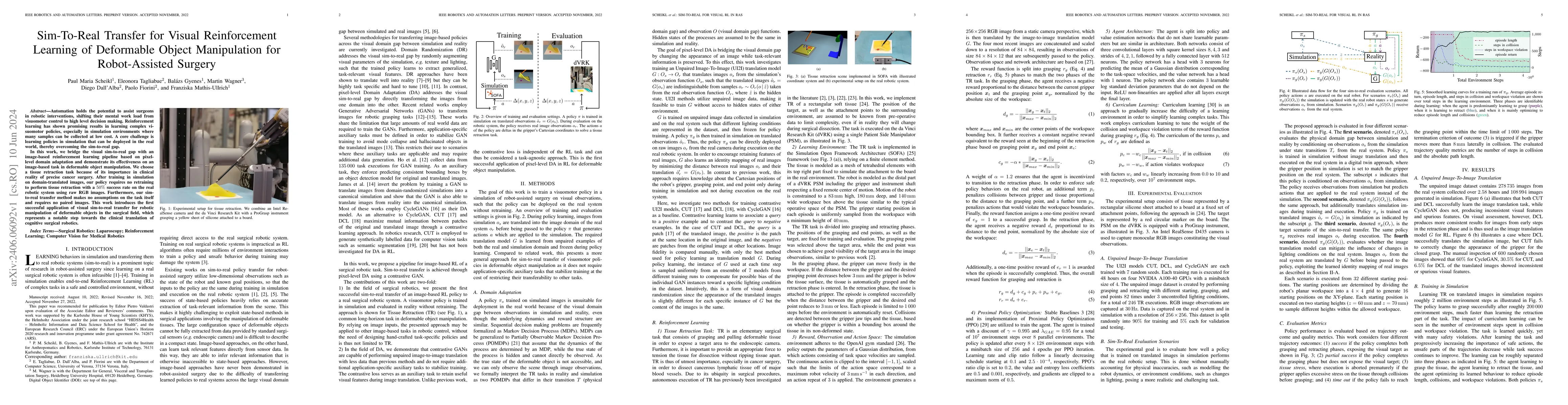 Thumbnail for Sim-To-Real Transfer for Visual Reinforcement Learning of Deformable
  Object Manipulation for Robot-Assisted Surgery