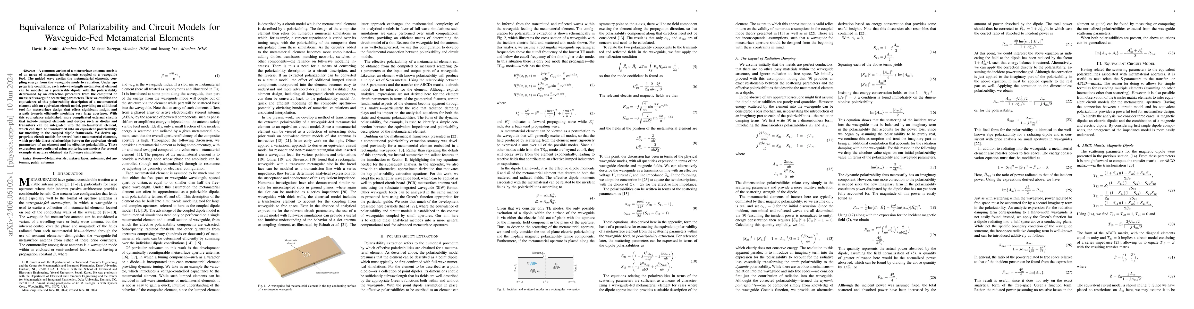 Thumbnail for Equivalence of Polarizability and Circuit Models for Waveguide-Fed
  Metamaterial Elements