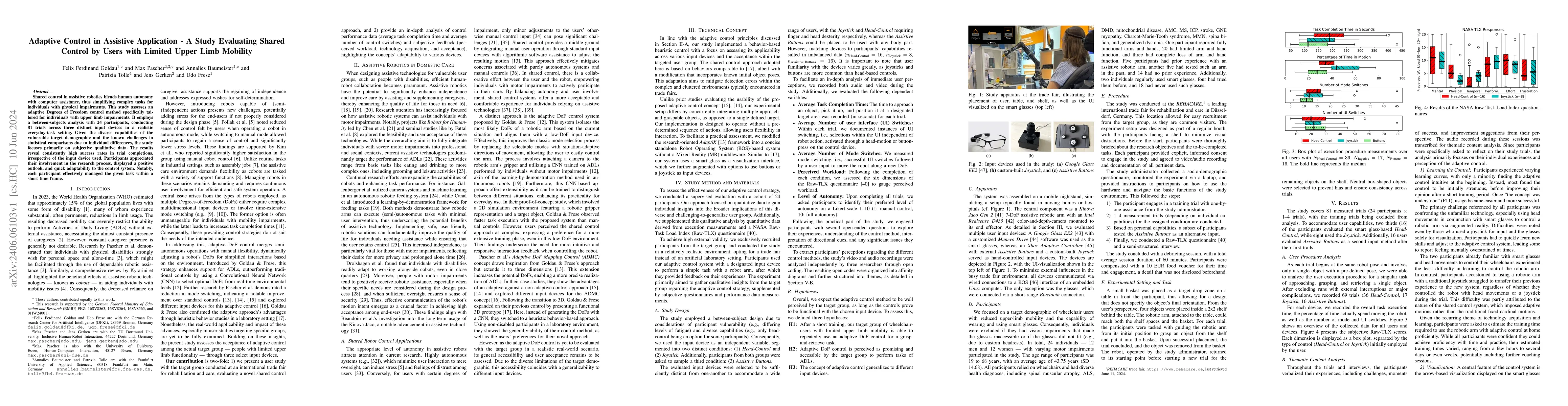 Thumbnail for Adaptive Control in Assistive Application -- A Study Evaluating Shared
  Control by Users with Limited Upper Limb Mobility