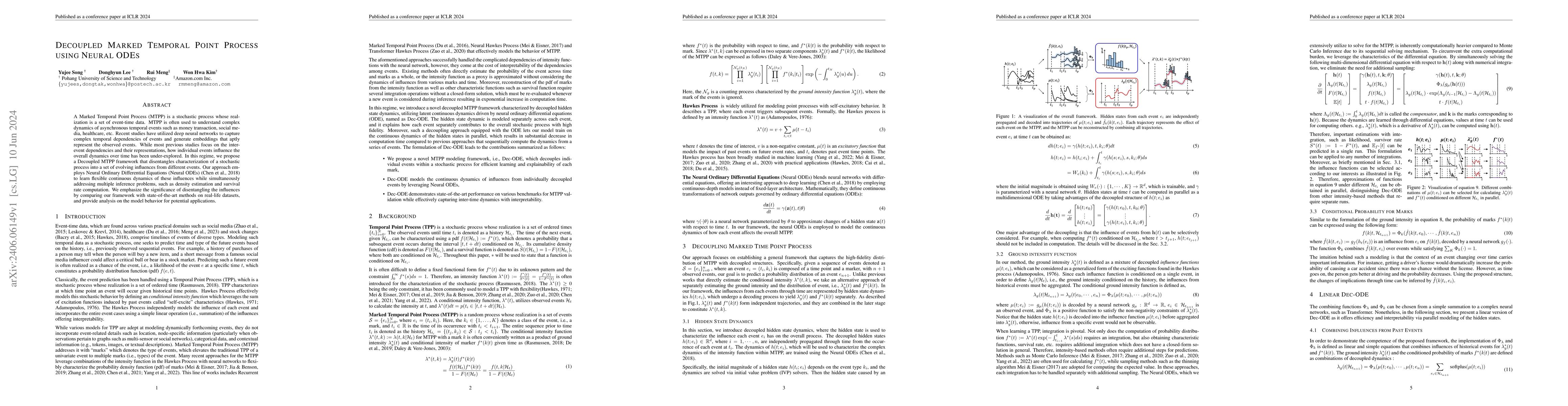 Thumbnail for Decoupled Marked Temporal Point Process using Neural Ordinary
  Differential Equations