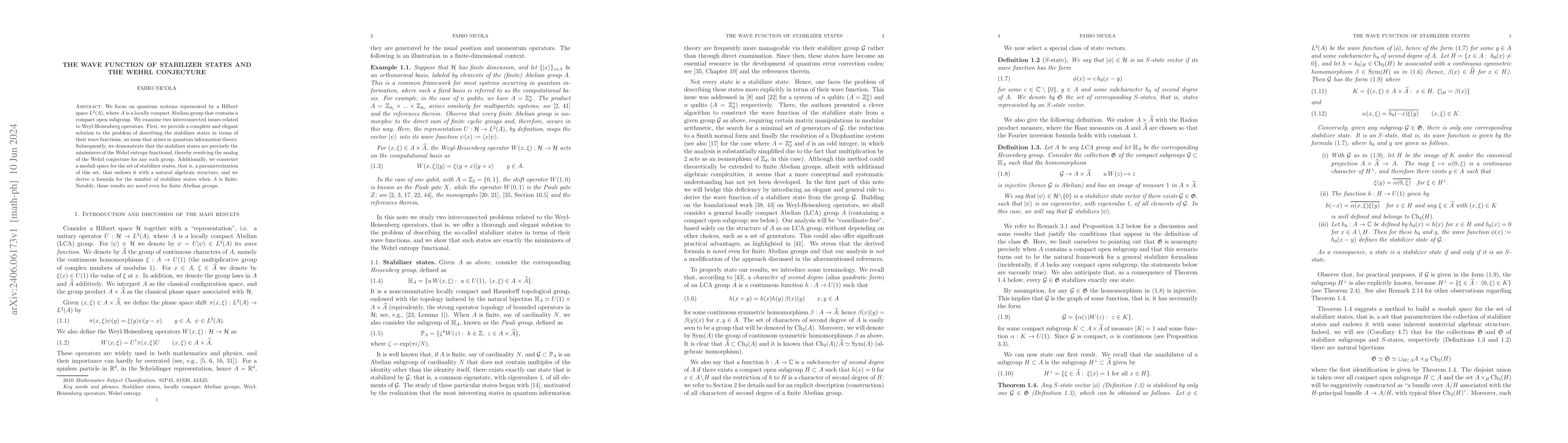 Thumbnail for The wave function of stabilizer states and the Wehrl conjecture