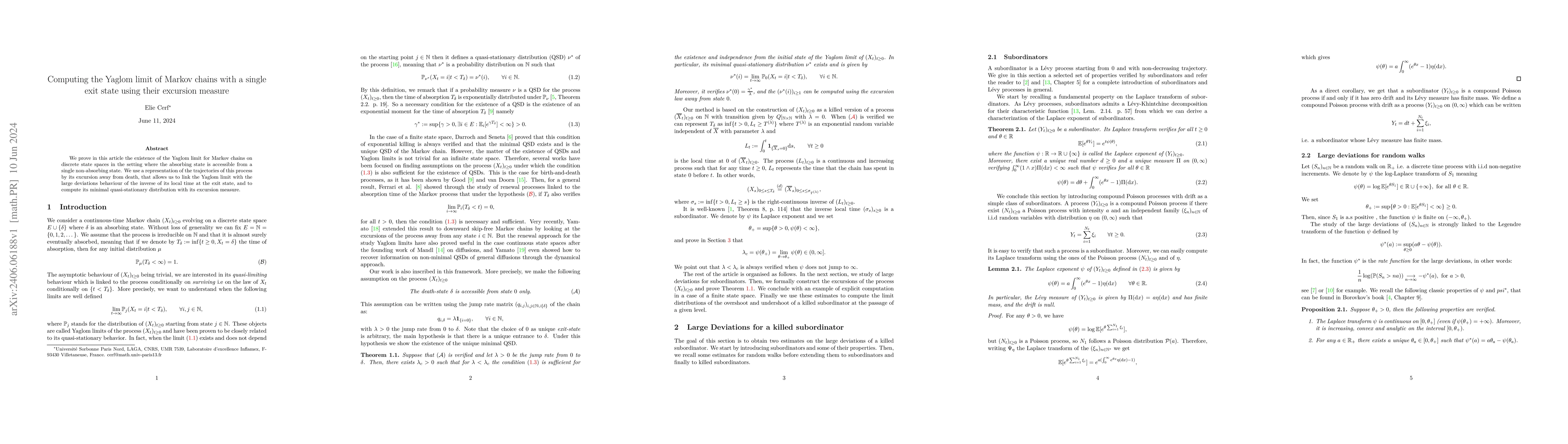 Thumbnail for Computing the Yaglom limit of Markov chains with a single exit state
  using their excursion measure