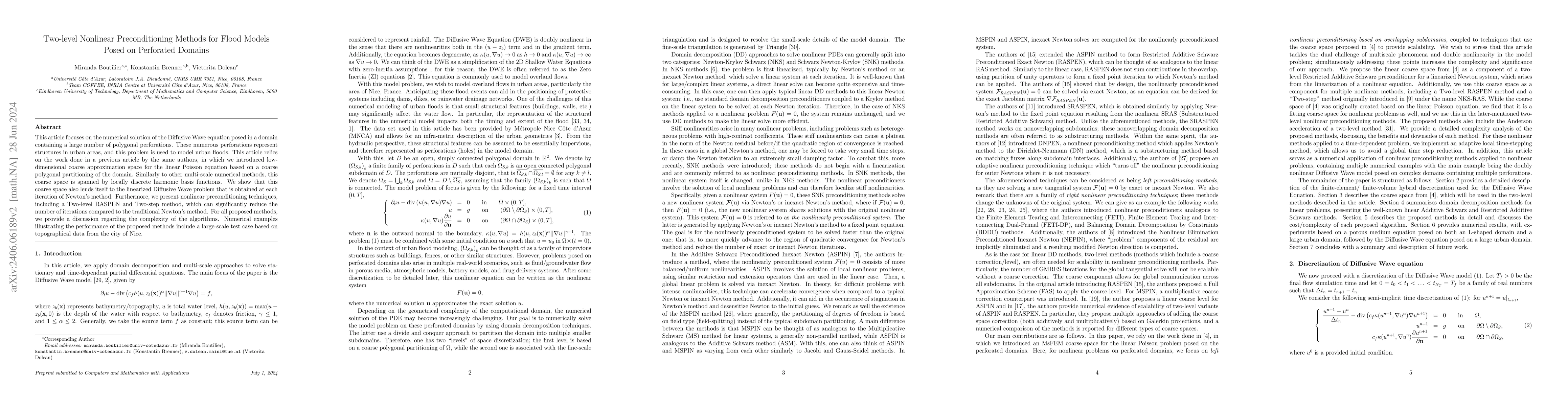 Thumbnail for Two-level Nonlinear Preconditioning Methods for Flood Models Posed on
  Perforated Domains