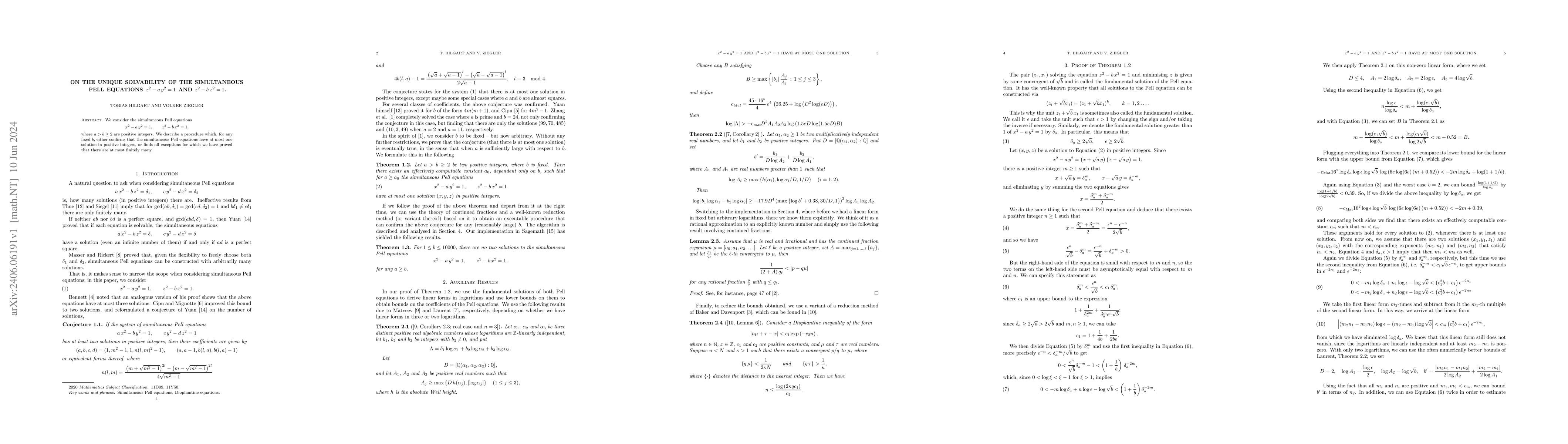 Thumbnail for On the unique solvability of the simultaneous Pell equations $x^2-ay^2 =
  1$ and $z^2-bx^2 = 1$
