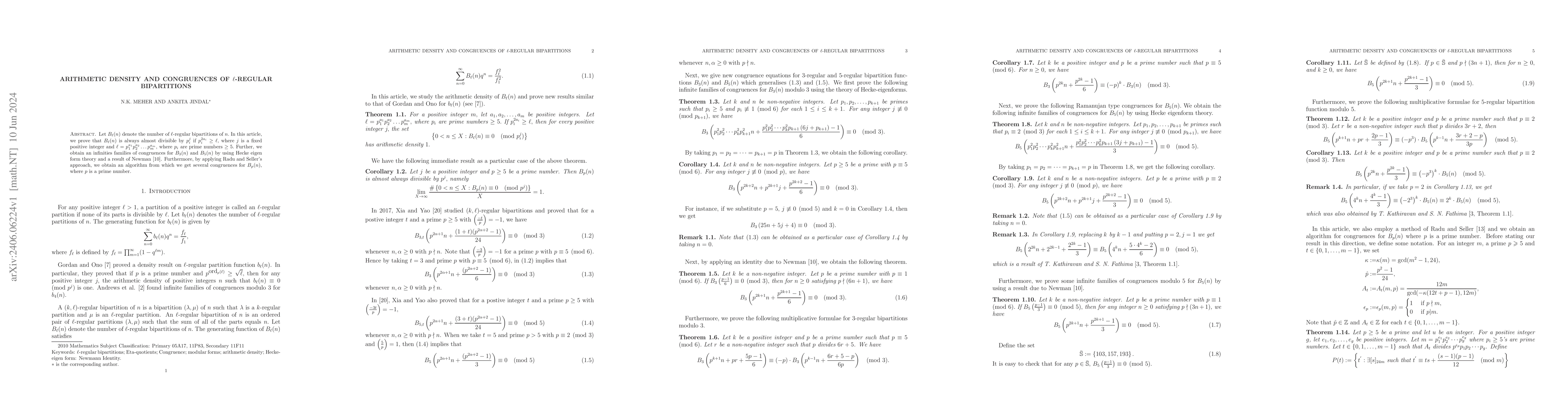 Thumbnail for Arithmetic density and congruences of $\ell$-regular bipartitions