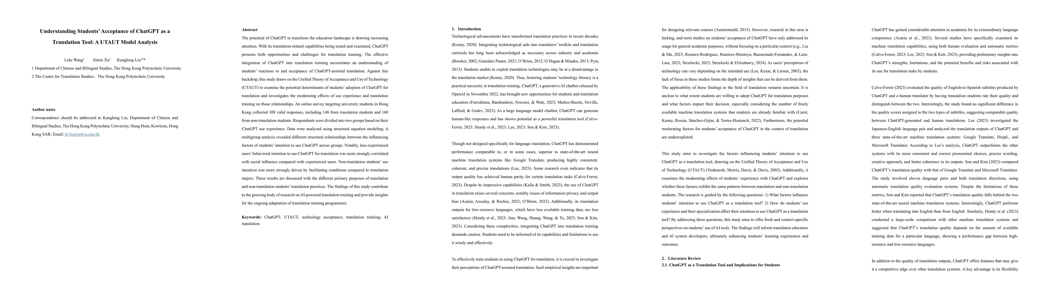 Thumbnail for Understanding Students' Acceptance of ChatGPT as a Translation Tool: A
  UTAUT Model Analysis