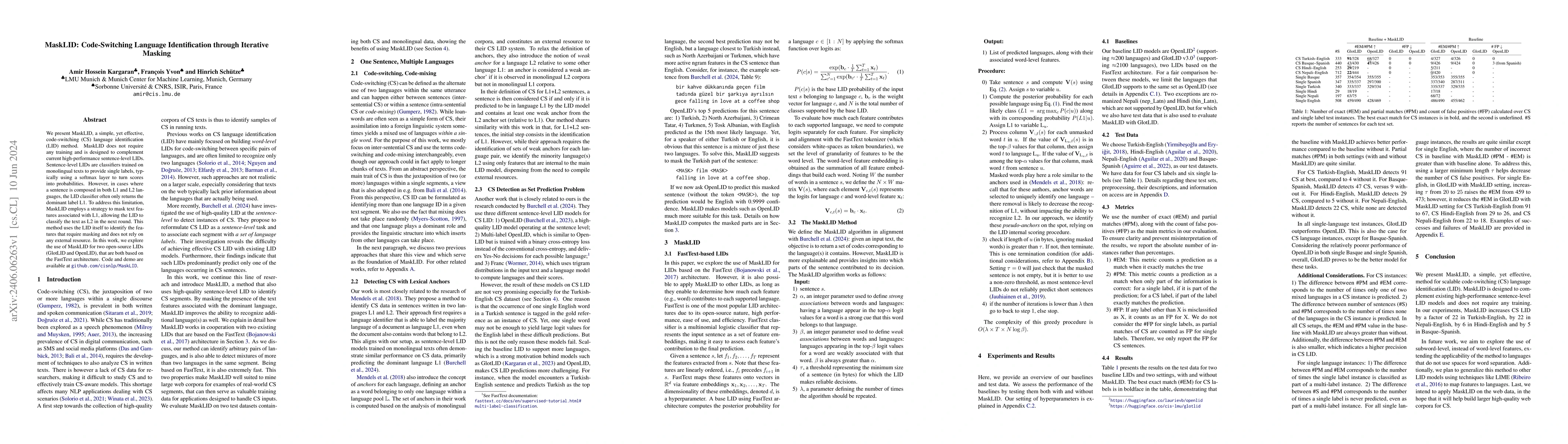 Thumbnail for MaskLID: Code-Switching Language Identification through Iterative
  Masking