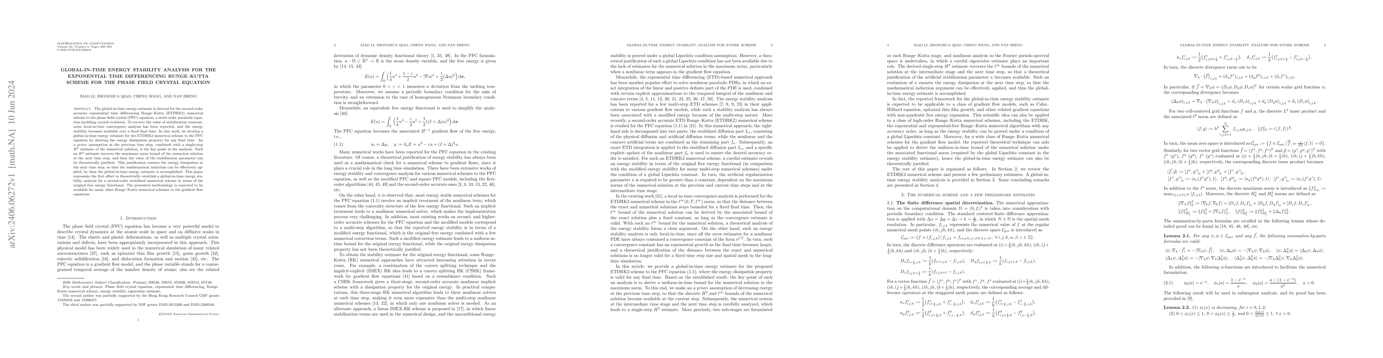 Thumbnail for Global-in-time energy stability analysis for the exponential time
  differencing Runge-Kutta scheme for the phase field crystal equation
