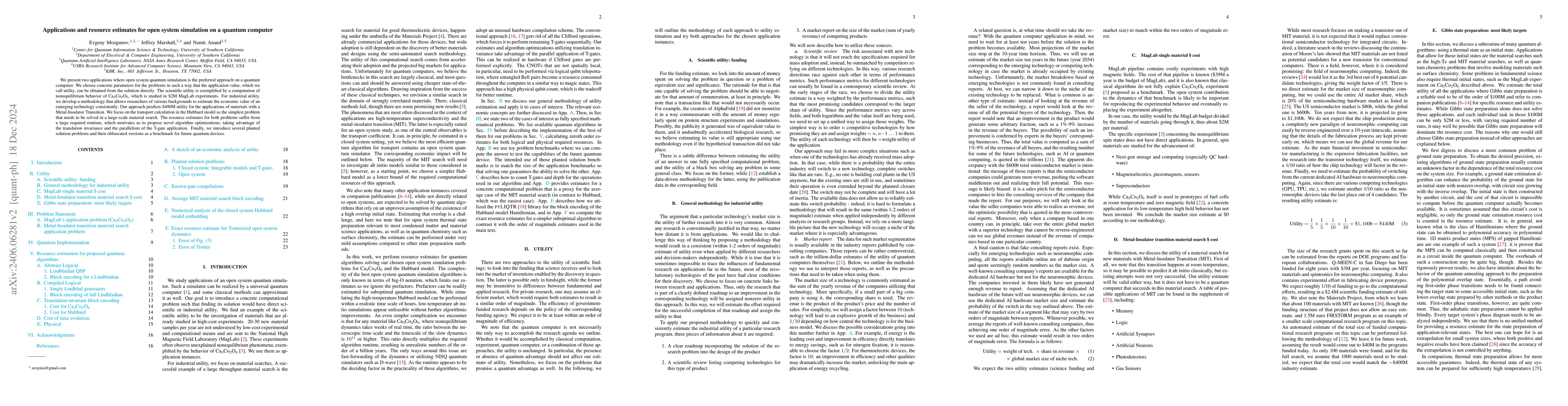 Thumbnail for Applications and resource estimates for open system simulation on a
  quantum computer