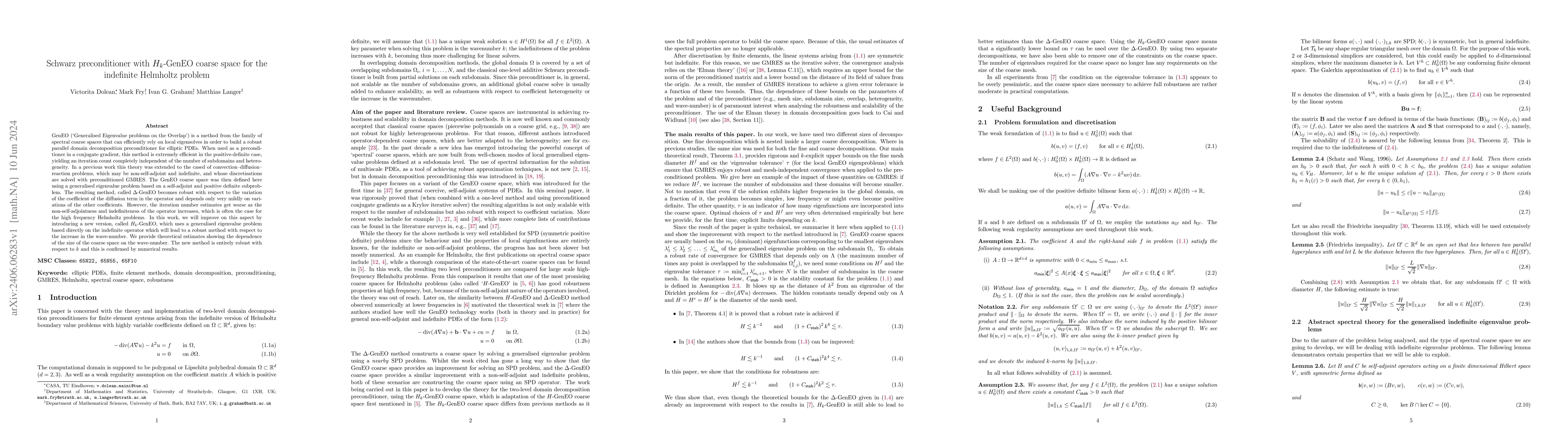 Thumbnail for Schwarz preconditioner with $H_k$-GenEO coarse space for the indefinite
  Helmholtz problem