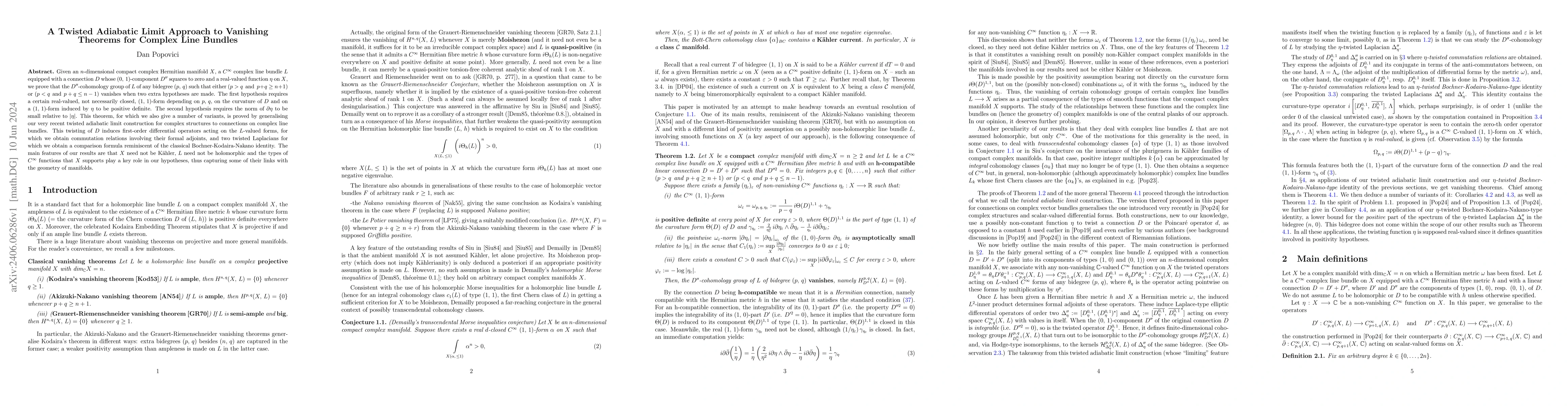Thumbnail for A Twisted Adiabatic Limit Approach to Vanishing Theorems for Complex
  Line Bundles
