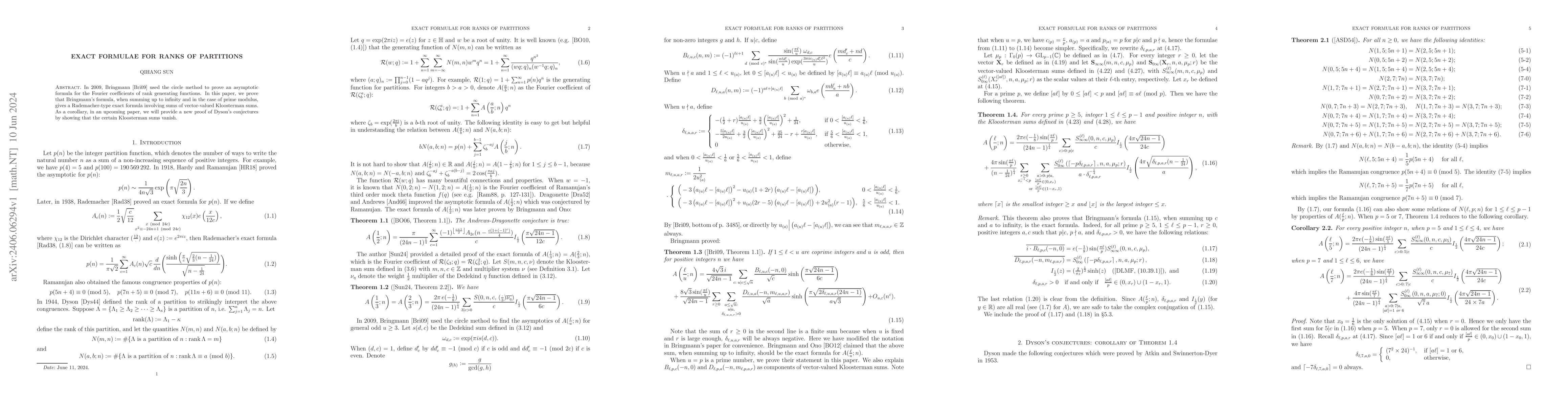 Thumbnail for Exact formulae for ranks of partitions