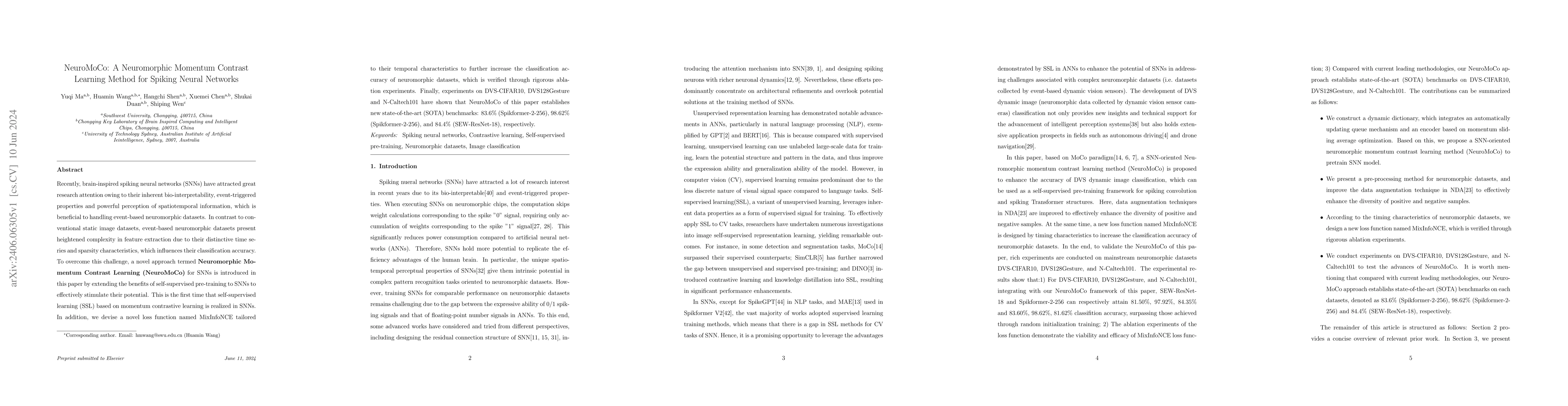 Thumbnail for NeuroMoCo: A Neuromorphic Momentum Contrast Learning Method for Spiking
  Neural Networks