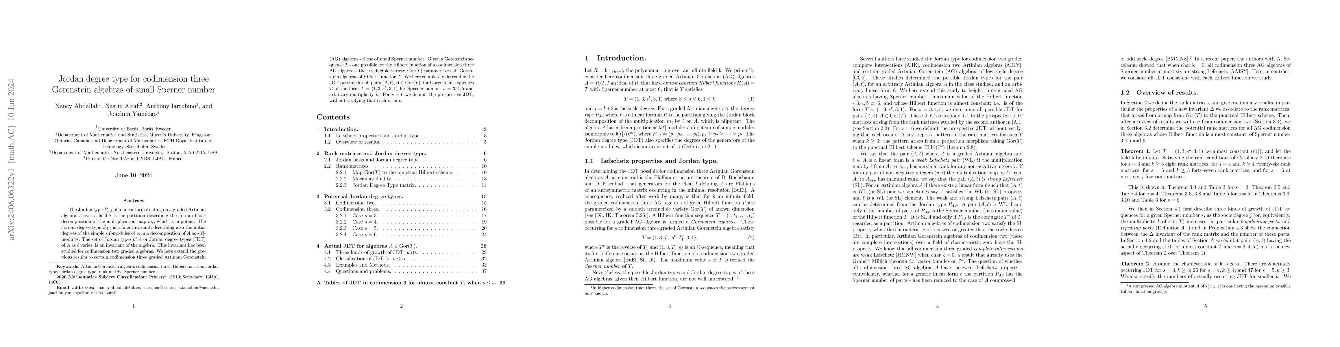 Thumbnail for Jordan degree type for codimension three Gorenstein algebras of small
  Sperner number