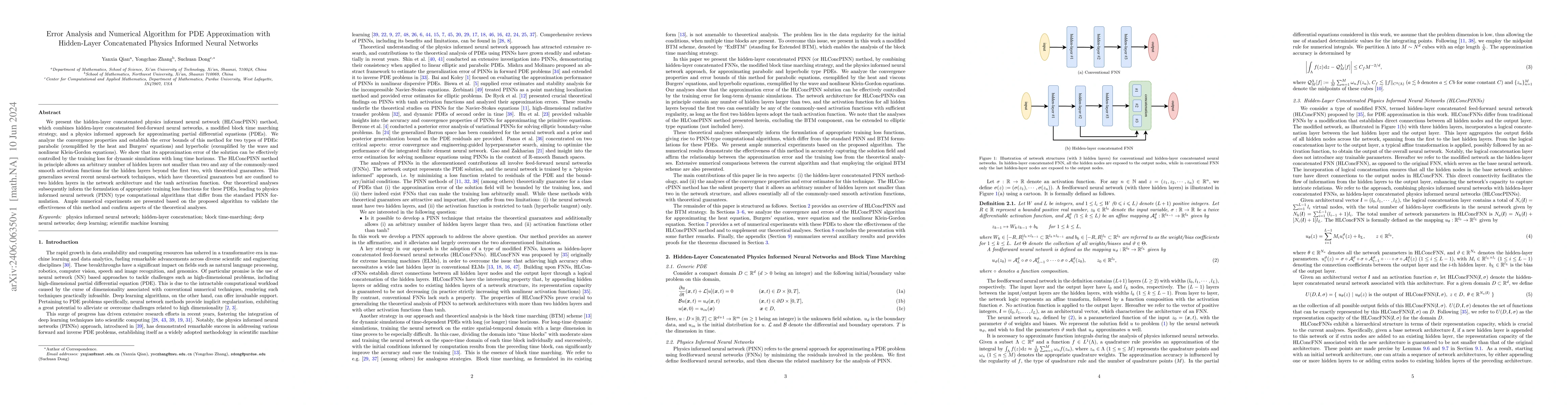 Thumbnail for Error Analysis and Numerical Algorithm for PDE Approximation with
  Hidden-Layer Concatenated Physics Informed Neural Networks