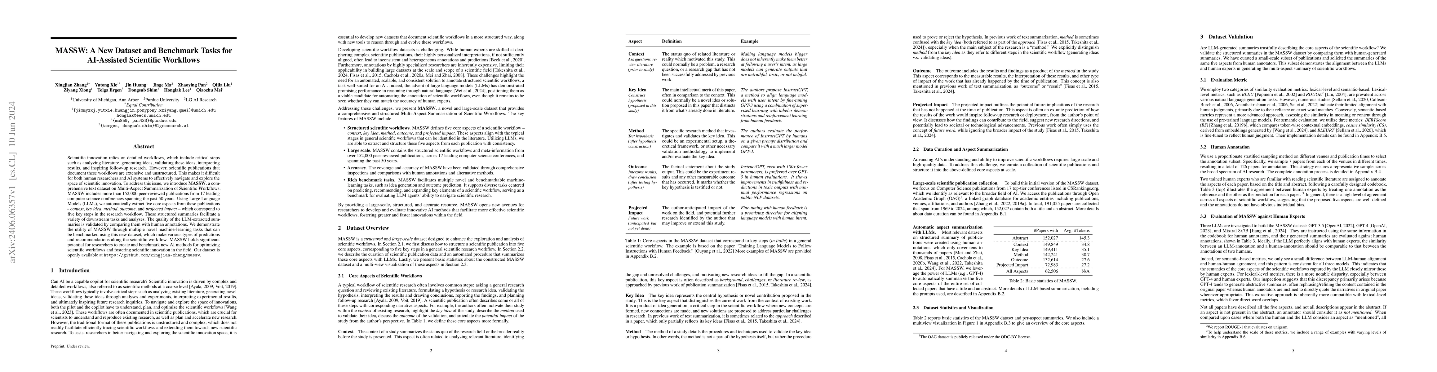 Thumbnail for MASSW: A New Dataset and Benchmark Tasks for AI-Assisted Scientific
  Workflows