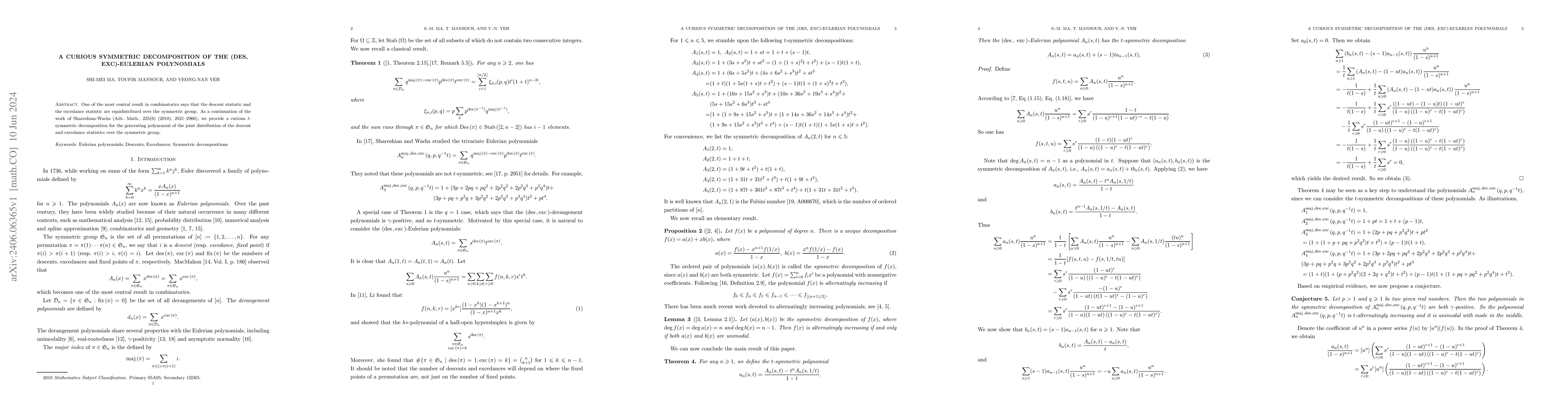 Thumbnail for A curious symmetric decomposition of the (des, exc)-Eulerian polynomials