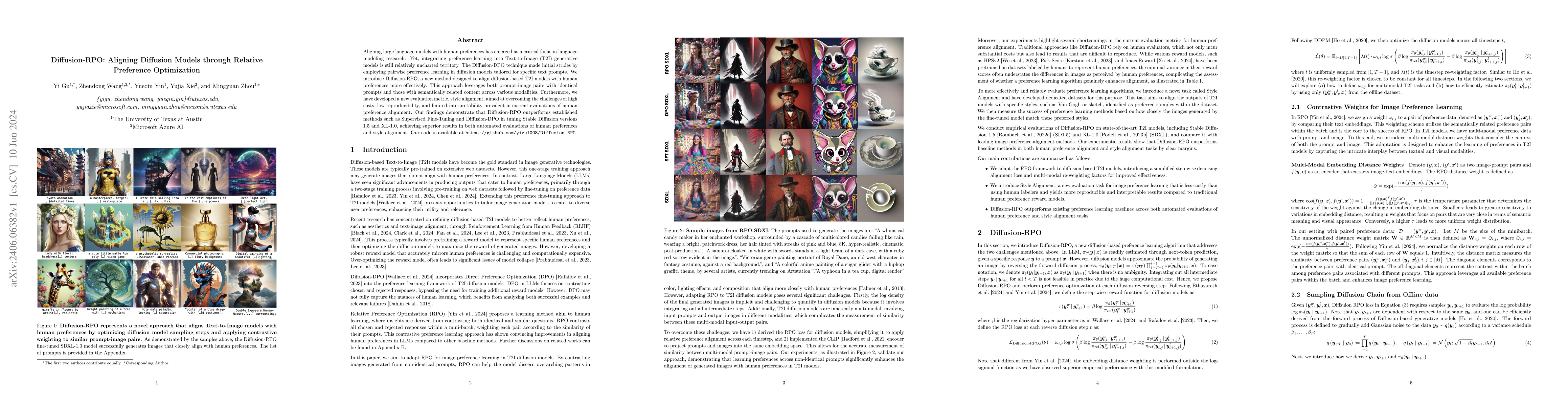 Thumbnail for Diffusion-RPO: Aligning Diffusion Models through Relative Preference
  Optimization
