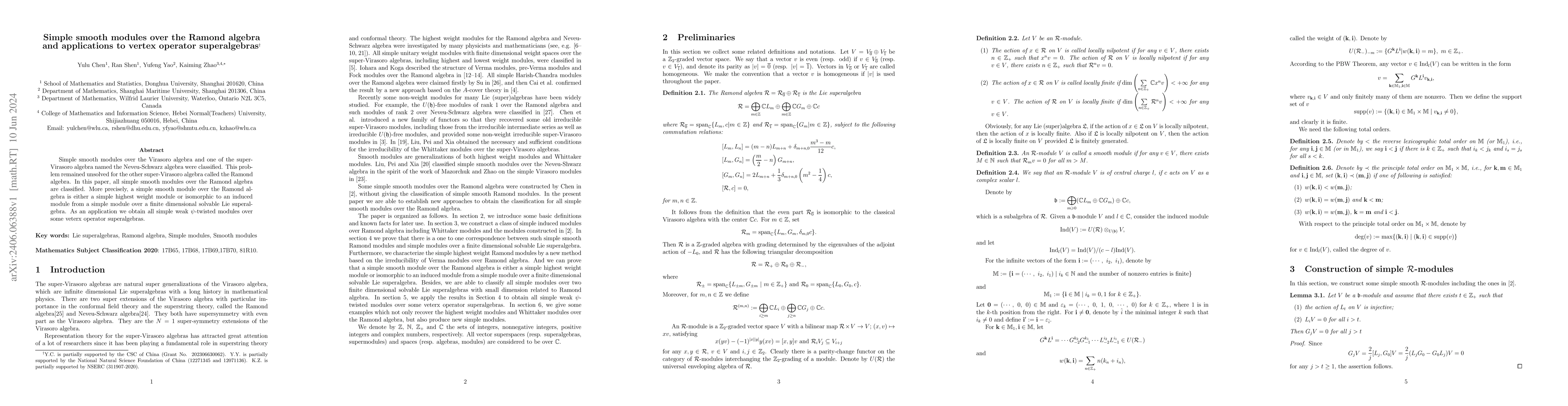 Thumbnail for Simple smooth modules over the Ramond algebra and applications to vertex
  operator superalgebras