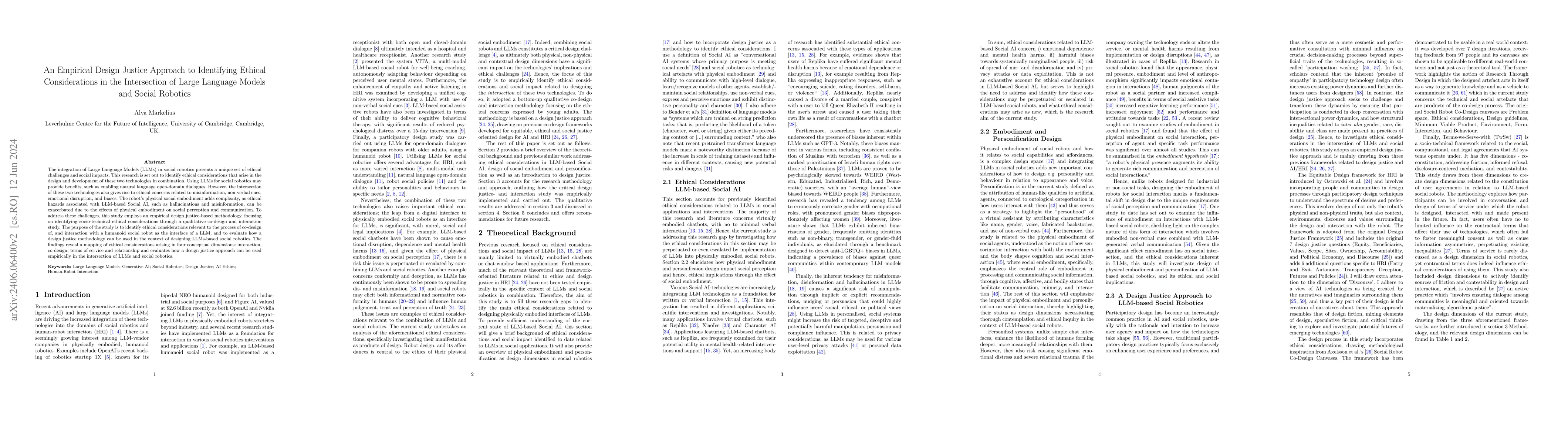 Thumbnail for An Empirical Design Justice Approach to Identifying Ethical
  Considerations in the Intersection of Large Language Models and Social
  Robotics