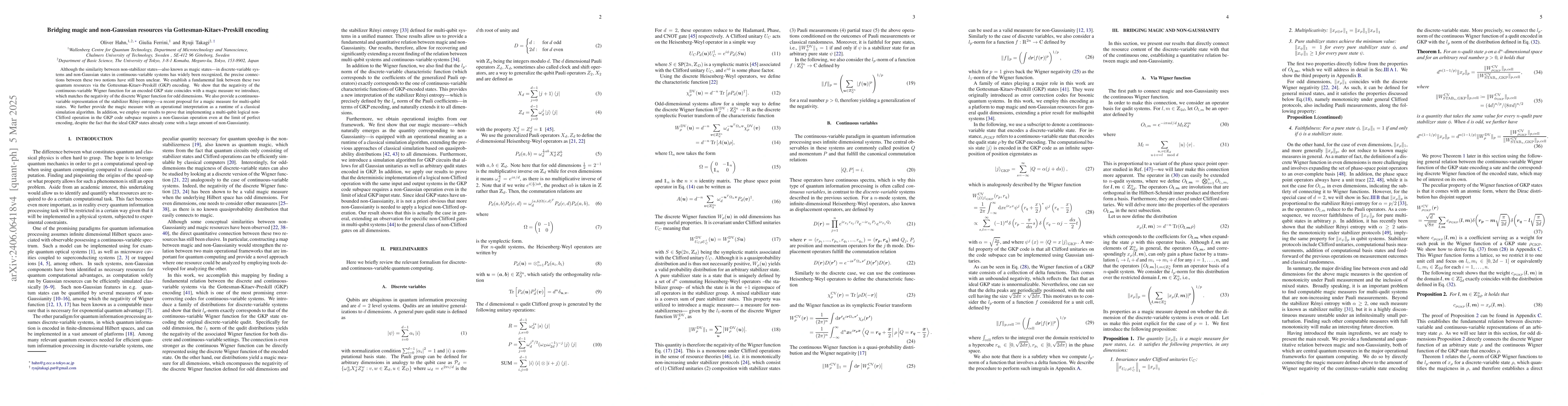 Thumbnail for Bridging magic and non-Gaussian resources via Gottesman-Kitaev-Preskill
  encoding