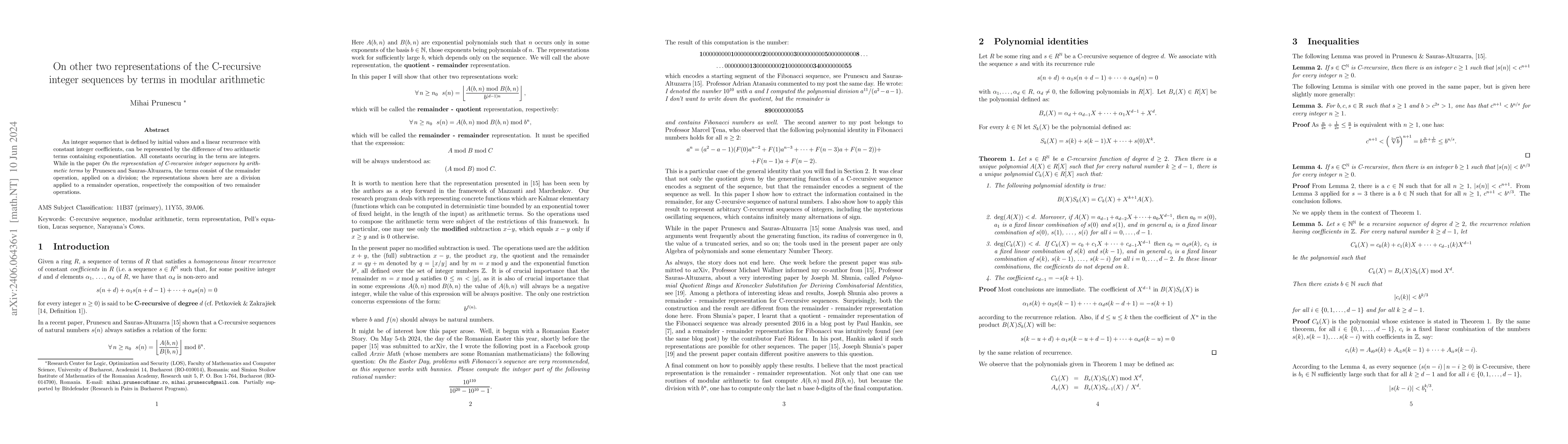 Thumbnail for On other two representations of the C-recursive integer sequences by
  terms in modular arithmetic