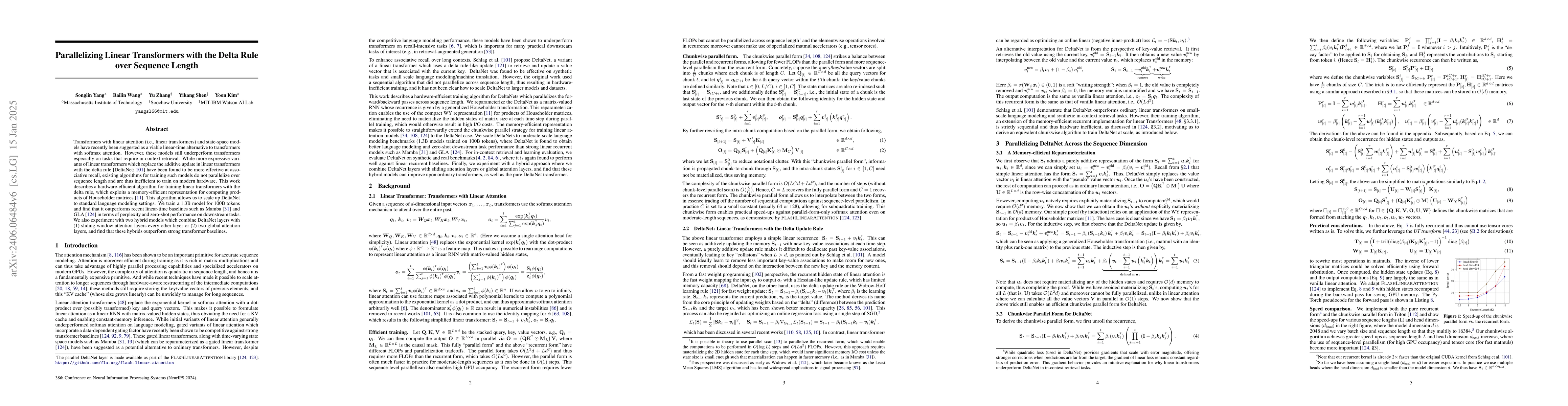 Thumbnail for Parallelizing Linear Transformers with the Delta Rule over Sequence
  Length