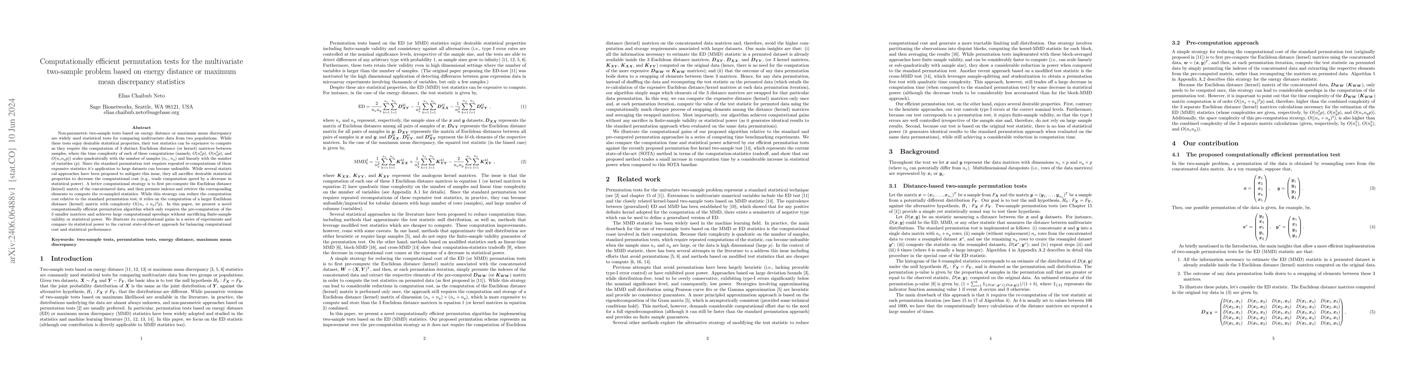 Thumbnail for Computationally efficient permutation tests for the multivariate
  two-sample problem based on energy distance or maximum mean discrepancy
  statistics