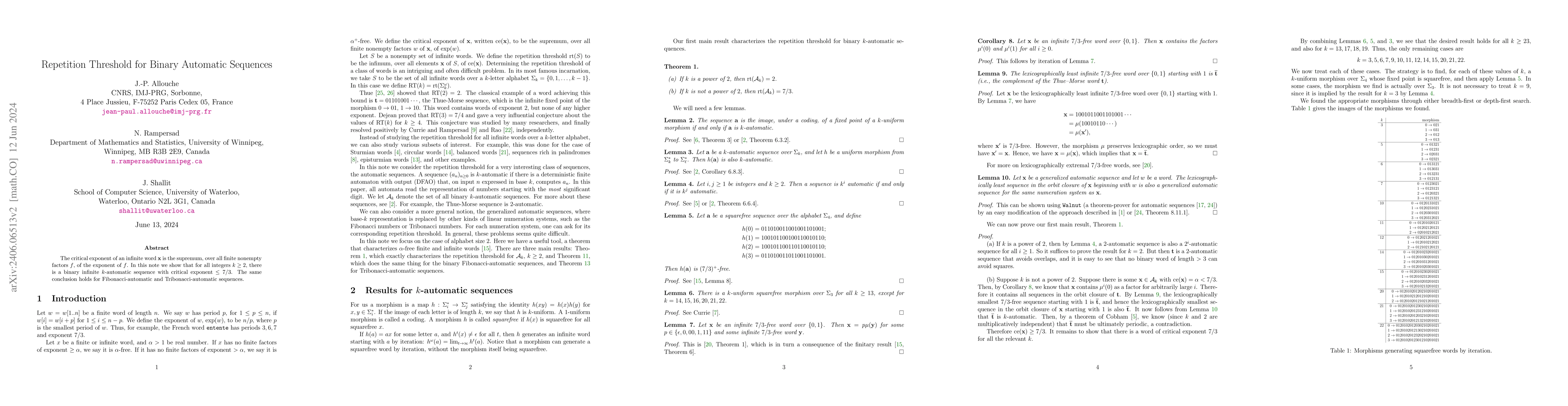 Thumbnail for Repetition Threshold for Binary Automatic Sequences