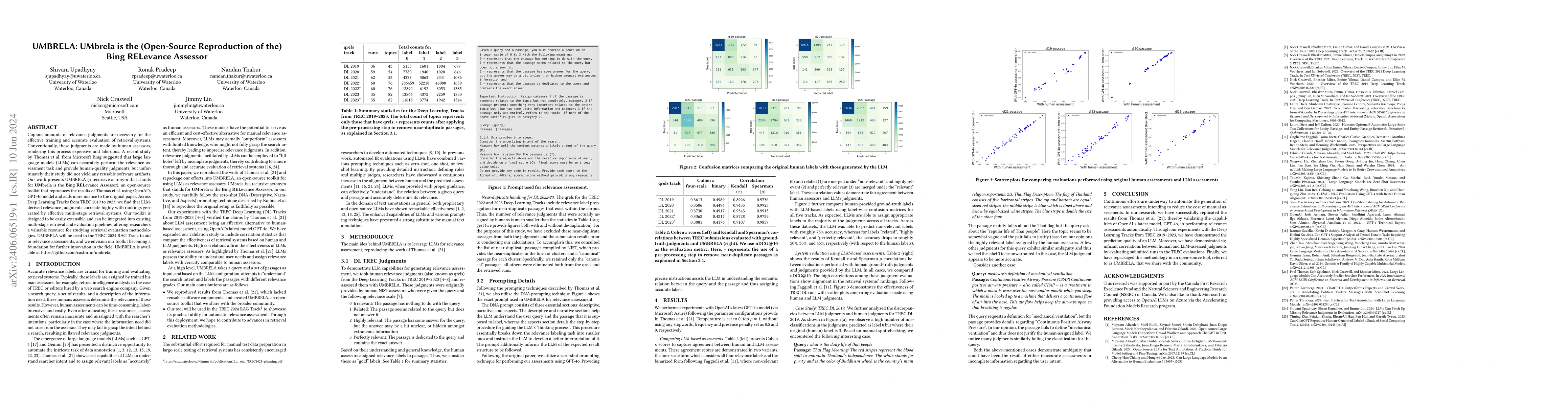 Thumbnail for UMBRELA: UMbrela is the (Open-Source Reproduction of the) Bing RELevance
  Assessor